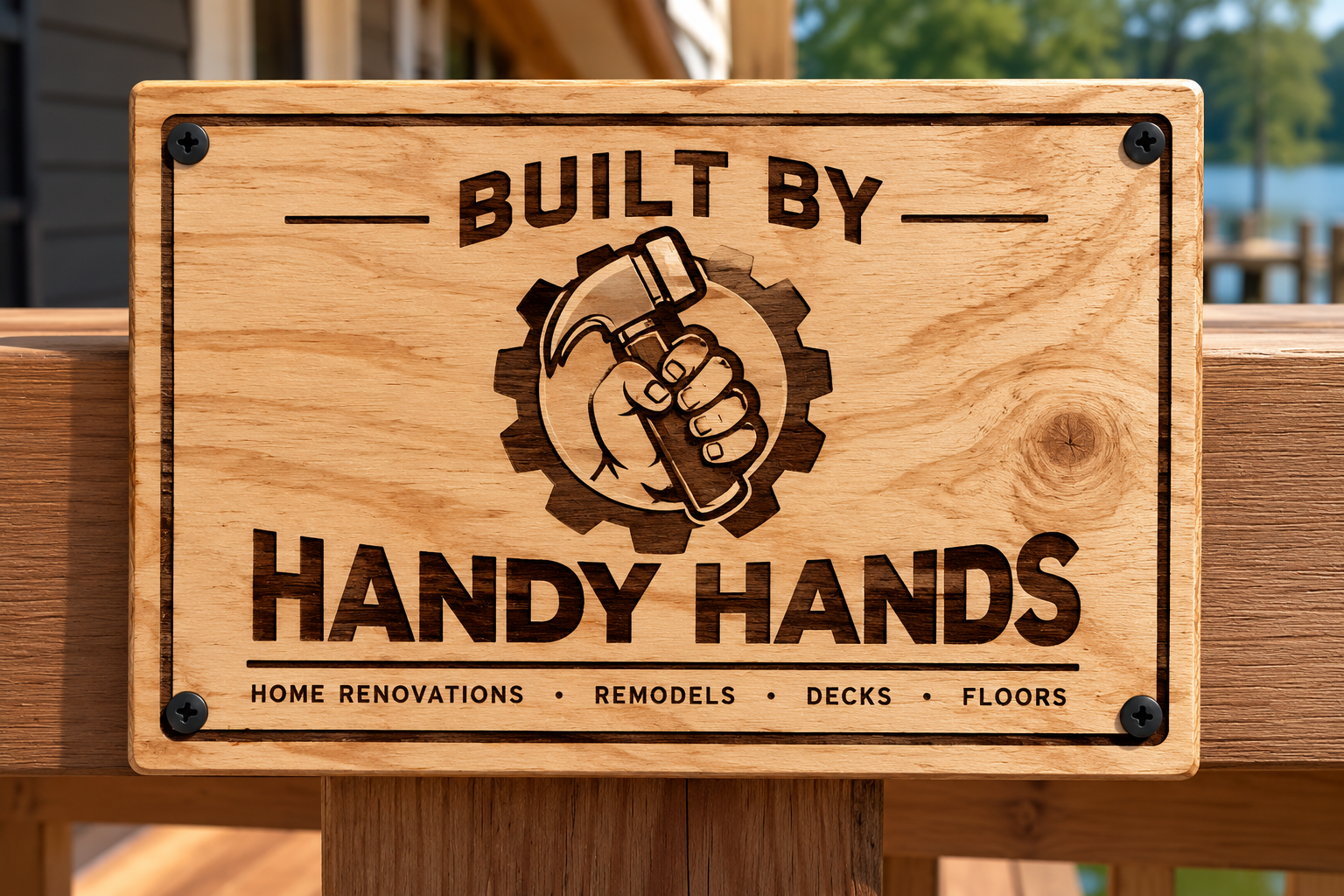 Handy Hands wood-burned deck sign design concept