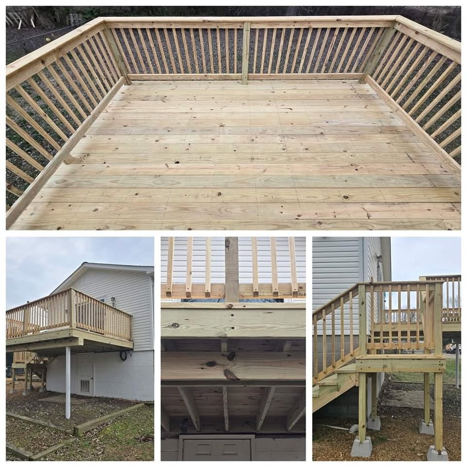 Multiple views of deck construction, framing, decking and railing details